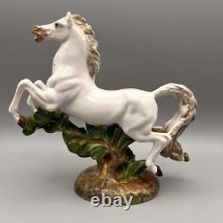 Vintage Pair Italian Porcelain Horse Figurines Gallop Surmounting Landscape 8H