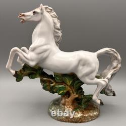 Vintage Pair Italian Porcelain Horse Figurines Gallop Surmounting Landscape 8H