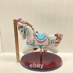 Vintage Porcelain Carousel Horse Figurine White Pink Plume On Wood Base Large