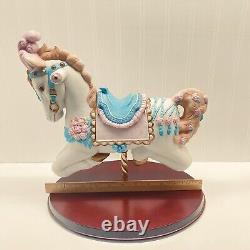 Vintage Porcelain Carousel Horse Figurine White Pink Plume On Wood Base Large