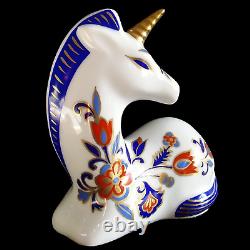 Vintage Porcelain Unicorn Figurine Floral Pattern Gold Detail Folk 3.75inX3.5in