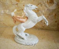 Vintage SCHAUBACH KUNST PORCELAIN Figurine NUDE Woman on a White Horse