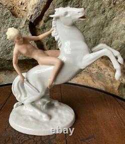 Vintage Schaubach-Kunst German Porcelain Figurine Of Nude On White Horse, Mint