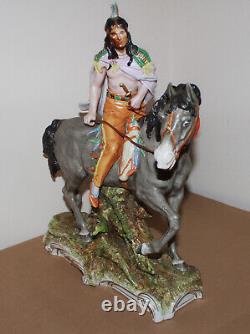 Vintage Scheibe Alsbach Porcelain Figurine Indian Riding Horse Germany 16 tall