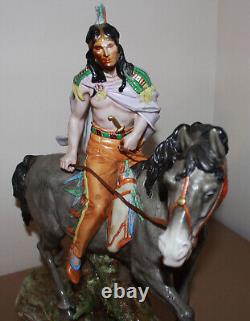 Vintage Scheibe Alsbach Porcelain Figurine Indian Riding Horse Germany 16 tall