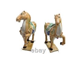 Vintage Tang Dynasty Horse Set Of 2 Sancai War Horses Glazed with Markings