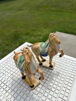 Vintage Tang Dynasty Horse Set Of 2 Sancai War Horses Glazed with Markings