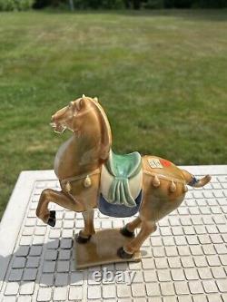 Vintage Tang Dynasty Horse Set Of 2 Sancai War Horses Glazed with Markings