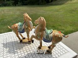 Vintage Tang Dynasty Horse Set Of 2 Sancai War Horses Glazed with Markings