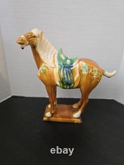 Vintage Tang Dynasty War Horse Figurine Glazed Ceramic China Statue