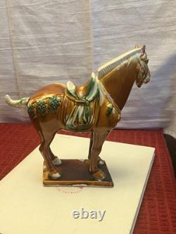 Vintage Tang Dynasty War Horse Figurine Glazed Ceramic China Statue