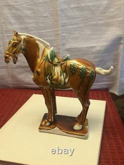 Vintage Tang Dynasty War Horse Figurine Glazed Ceramic China Statue