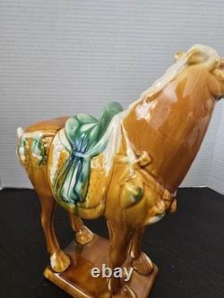 Vintage Tang Dynasty War Horse Figurine Glazed Ceramic China Statue