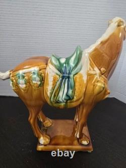 Vintage Tang Dynasty War Horse Figurine Glazed Ceramic China Statue