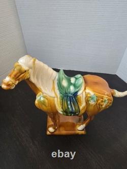Vintage Tang Dynasty War Horse Figurine Glazed Ceramic China Statue