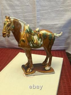 Vintage Tang Dynasty War Horse Figurine Glazed Ceramic China Statue