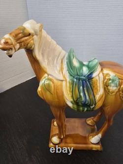 Vintage Tang Dynasty War Horse Figurine Glazed Ceramic China Statue