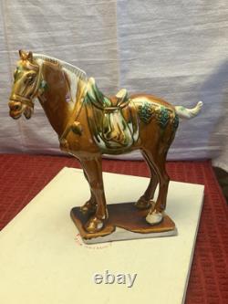 Vintage Tang Dynasty War Horse Figurine Glazed Ceramic China Statue