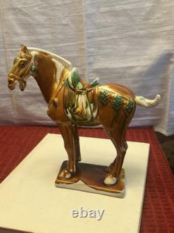 Vintage Tang Dynasty War Horse Figurine Glazed Ceramic China Statue