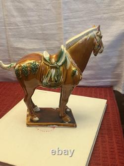 Vintage Tang Dynasty War Horse Figurine Glazed Ceramic China Statue