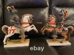Vintage Ugo Zaccagnini Jousting Knight On Horse Porcelain Figurine Pair