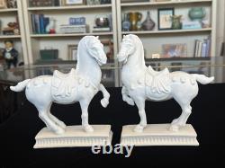 Vintage White Porcelain Tang Horse Figurines Matched Pair, MCM Hollywood Regency