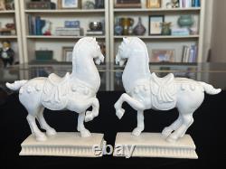 Vintage White Porcelain Tang Horse Figurines Matched Pair, MCM Hollywood Regency