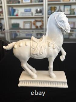 Vintage White Porcelain Tang Horse Figurines Matched Pair, MCM Hollywood Regency