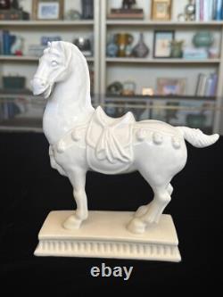 Vintage White Porcelain Tang Horse Figurines Matched Pair, MCM Hollywood Regency