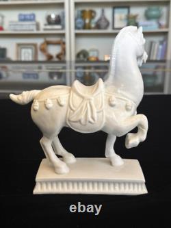 Vintage White Porcelain Tang Horse Figurines Matched Pair, MCM Hollywood Regency