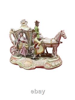 Vtg. 9x 5x 6.5 Porcelain Horse Drawn Carriage WithCouple & Coach Driver