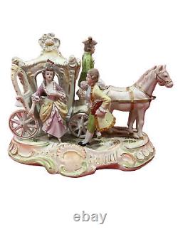 Vtg. 9x 5x 6.5 Porcelain Horse Drawn Carriage WithCouple & Coach Driver