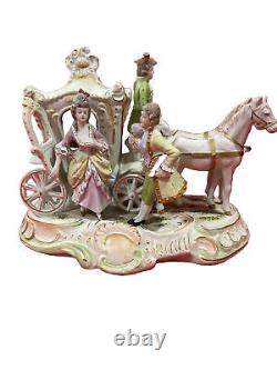 Vtg. 9x 5x 6.5 Porcelain Horse Drawn Carriage WithCouple & Coach Driver