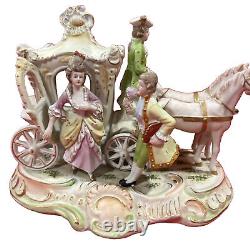 Vtg. 9x 5x 6.5 Porcelain Horse Drawn Carriage WithCouple & Coach Driver