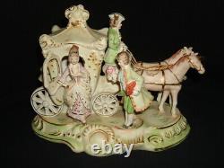 Vtg. 9x 5x 6.5 Porcelain Horse Drawn Carriage WithCouple & Coach Driver MINT