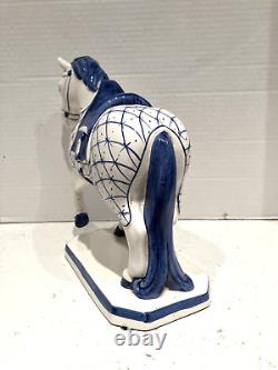 Vtg Italian Delft Blue&white Style Horse Statue Figurine Glazed Porcelain Italy