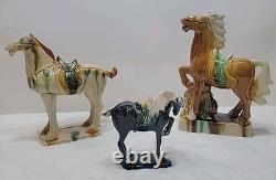 Vtg Lot of 3 Chinese Tang Dynasty Drip Style Glaze Ceramic War Horse Figurines