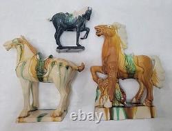 Vtg Lot of 3 Chinese Tang Dynasty Drip Style Glaze Ceramic War Horse Figurines