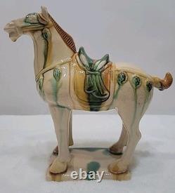 Vtg Lot of 3 Chinese Tang Dynasty Drip Style Glaze Ceramic War Horse Figurines