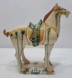 Vtg Lot of 3 Chinese Tang Dynasty Drip Style Glaze Ceramic War Horse Figurines