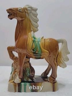 Vtg Lot of 3 Chinese Tang Dynasty Drip Style Glaze Ceramic War Horse Figurines