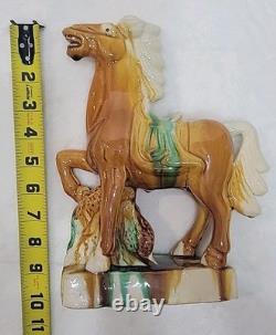 Vtg Lot of 3 Chinese Tang Dynasty Drip Style Glaze Ceramic War Horse Figurines