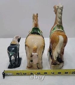 Vtg Lot of 3 Chinese Tang Dynasty Drip Style Glaze Ceramic War Horse Figurines